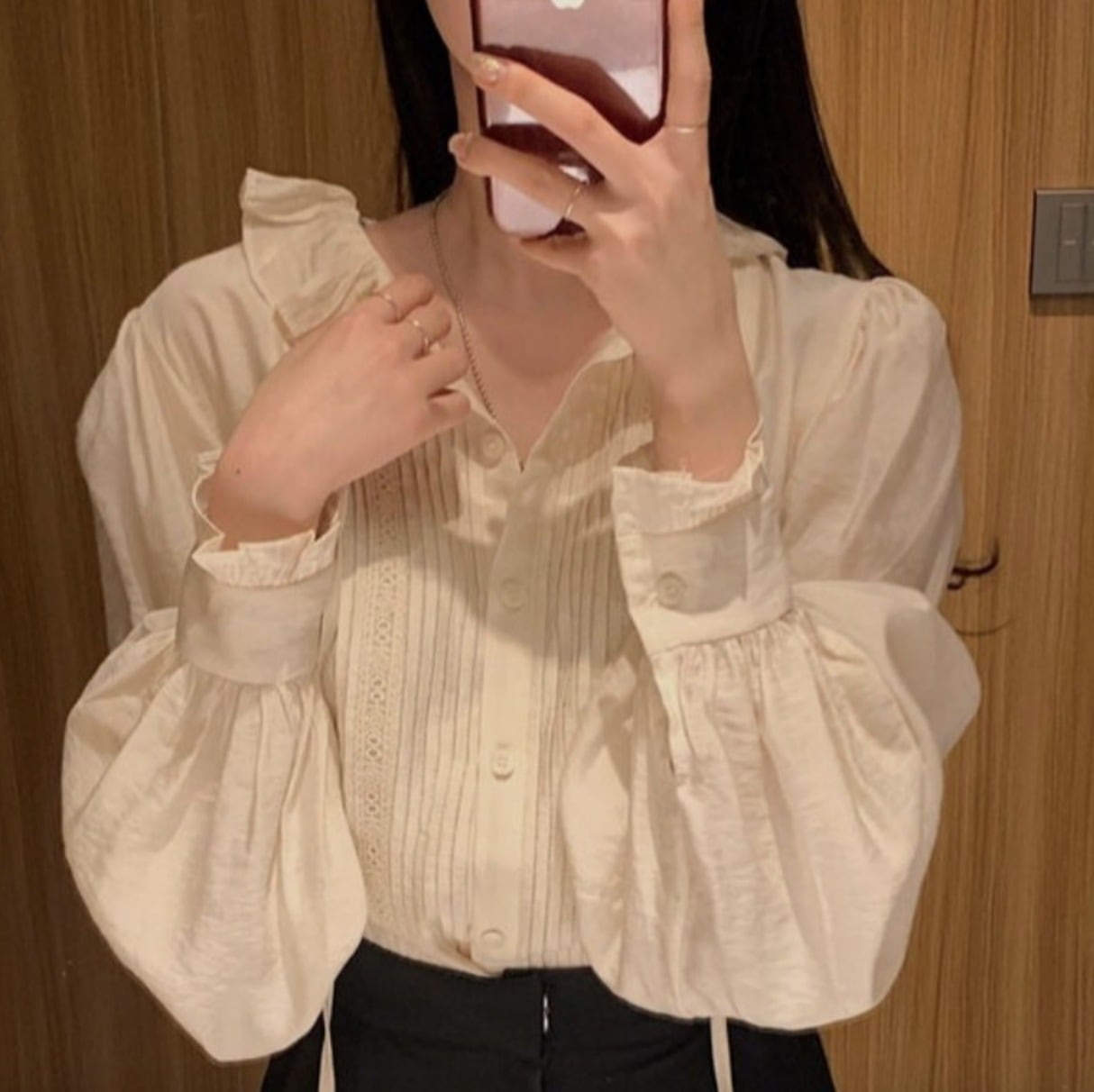 トップス デート かわいい 大人可愛い きれいめ シンプル カジュアル 大人 上品 おしゃれ お洒落 ストライプ レース フリル　ブラウス　シャツ 長袖 春夏 無地 アプリコット XL 韓国 コーデ