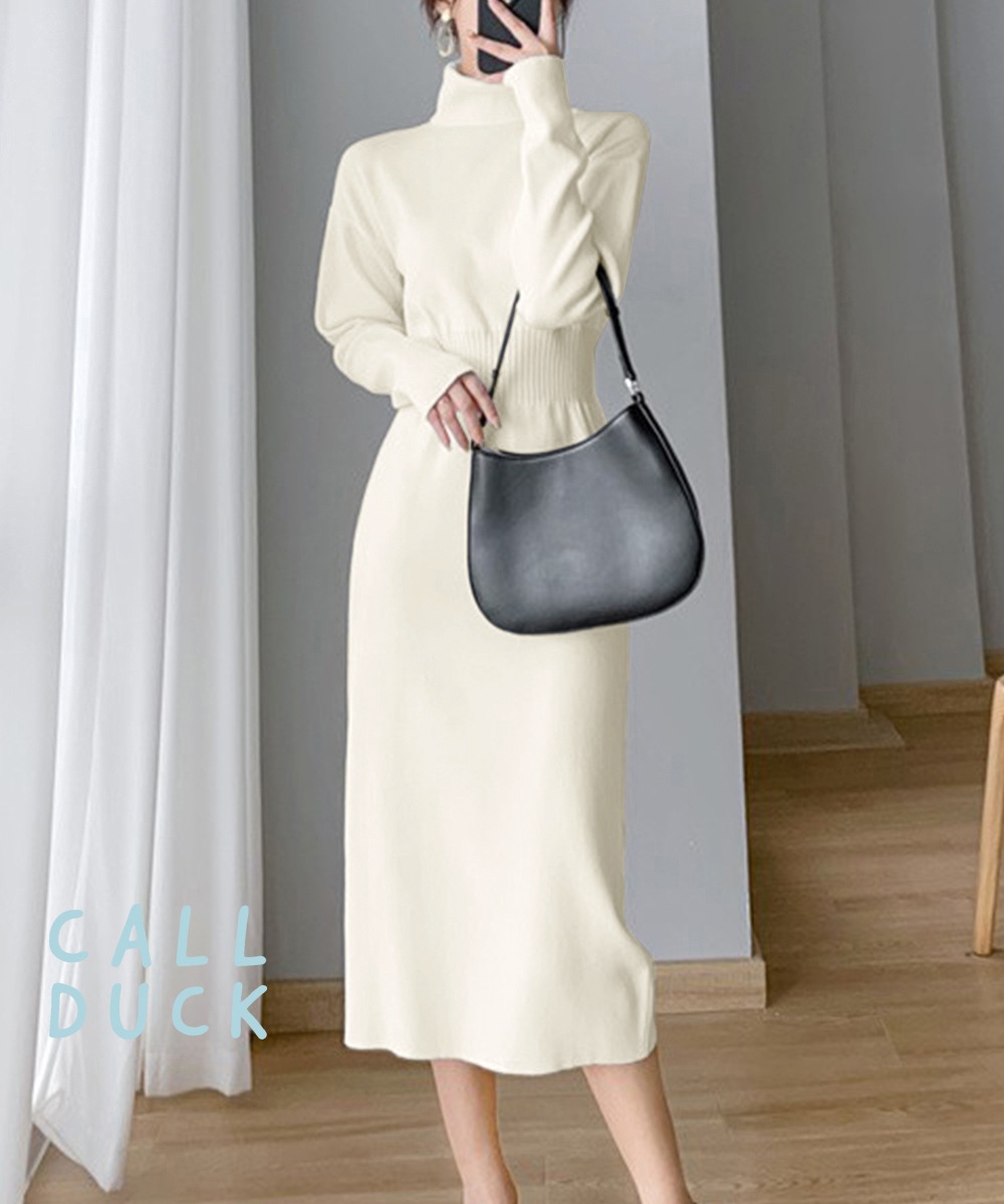 ニットワンピース M 長袖 レディース ハイネック カジュアル ミモレ ロング 無地 ハイウエスト 123977