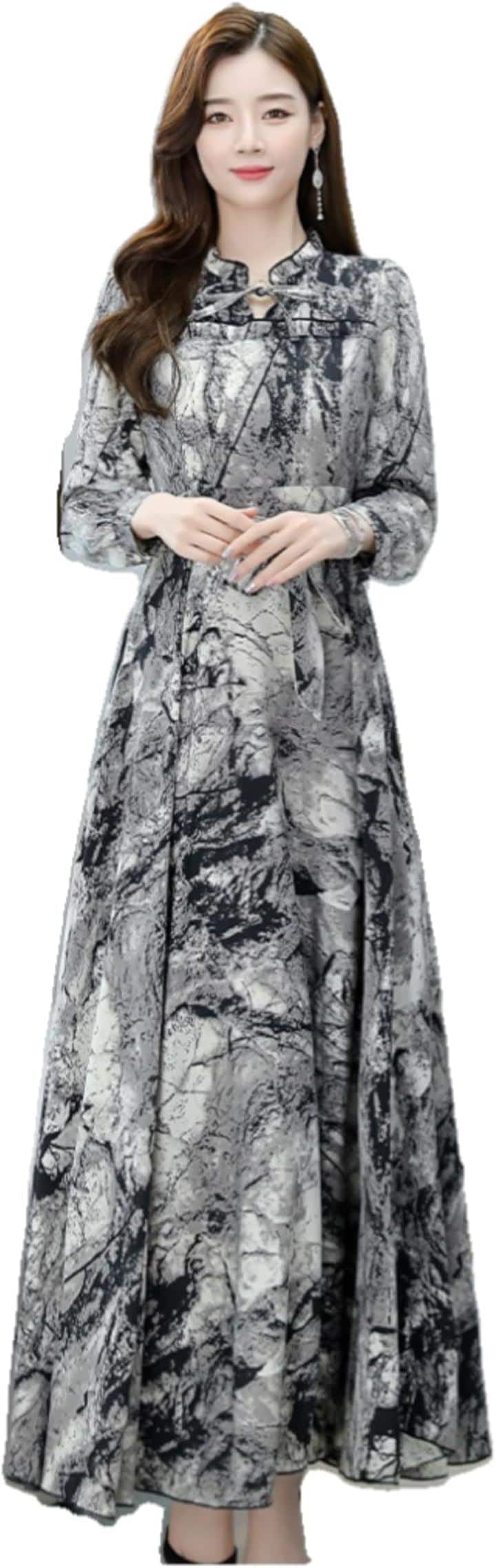 大理石柄 ワンピース レディース パーティードレス ロング Aライン リボン 長袖 きれいめ ハイウエスト M(グレー系, M RegularLong) 7,528円