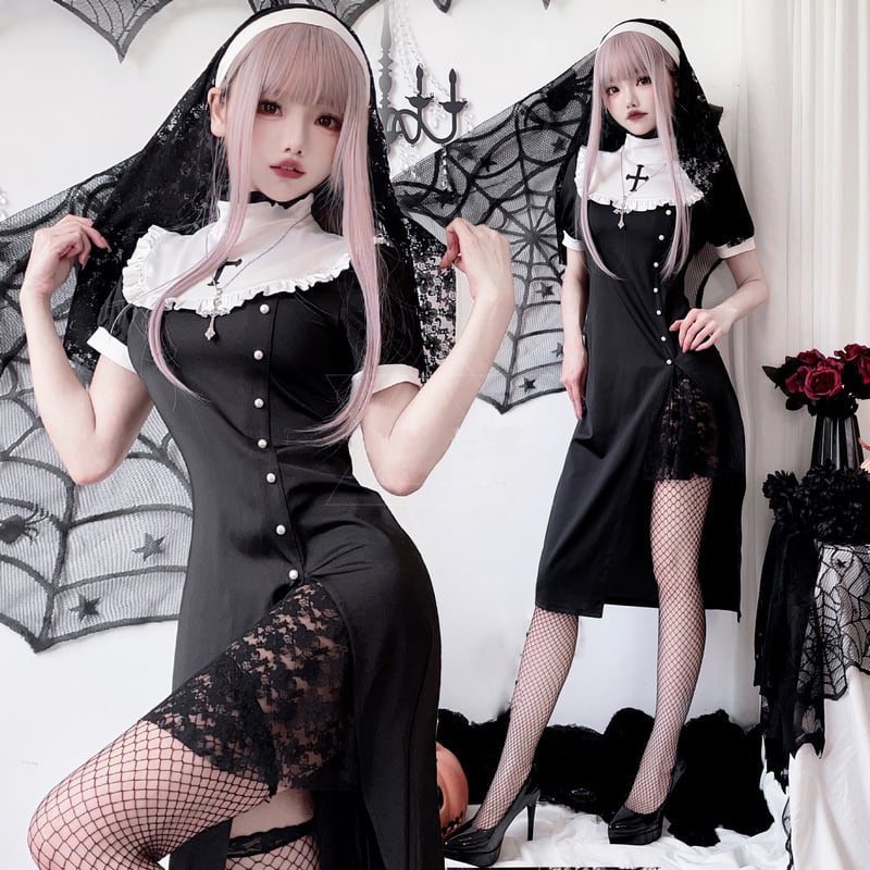 短纳期 ハロウィン 修道女 仮装 コスチューム 衣装 学園祭 文化祭 制服 切り替え ワンピース かわいい