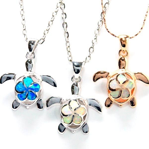 ハワイアンジュエリー ペンダント ネックレス ホヌ 海ガメ プルメリア 花 オパール レディース シルバー925 ピンクゴールド/ブルー/ホワイト