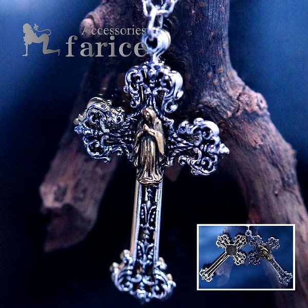 ルード系 グアダルーペの聖母/マリア立体装飾 クロスフローリー(百合の花の十字紋章)ツインプレートデザイン ブラスゴールドバイカラー メンズ シルバー925 ペンダント ネックレス 5,916円