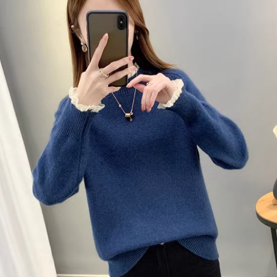 ニットセーター レディース トップス ニット セーター プルオーバー スタンドカラー レース フリル ガーリー 可愛い フェミニン 長袖 シンプル 無地 カジュアル お出かけ おしゃれ きれいめ