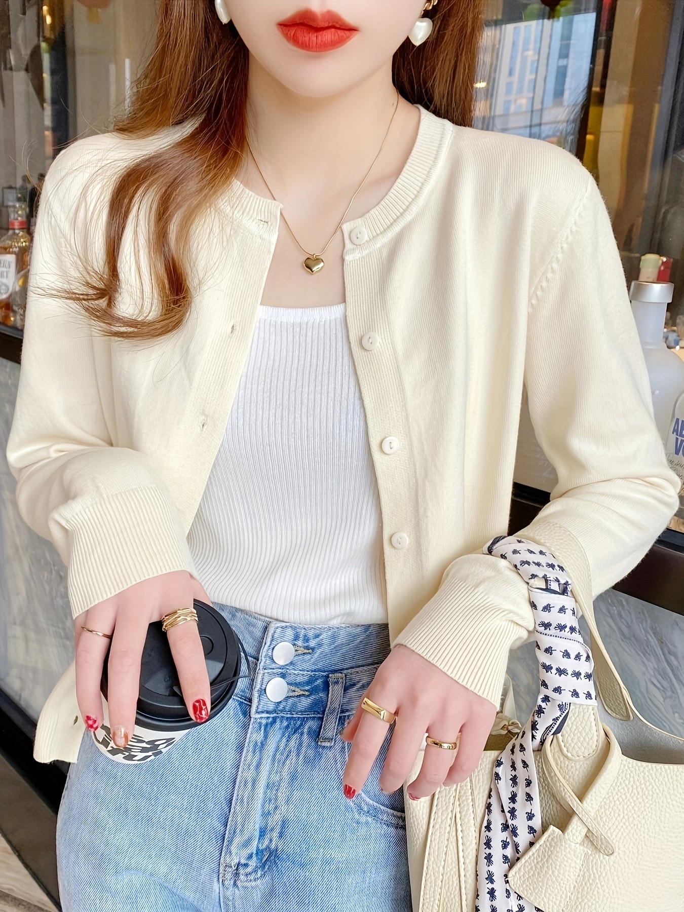 女性用厚手カーディガンライトグリーンボタン7個上品なカジュアル