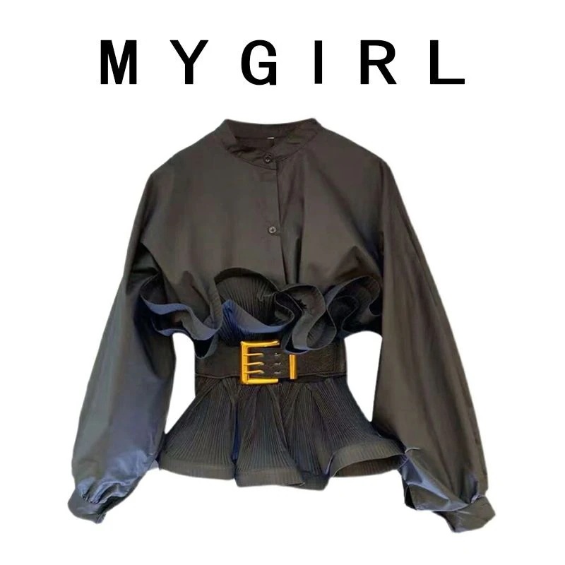 の新作腰荷レースジョイント黒シャツトップス女