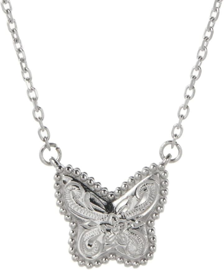 Piena ピエナサージカルステンレス316L ハワイアンジュエリー バタフライ 蝶 プルメリア ミル打ち スクロール ネックレス レディース(シルバー)