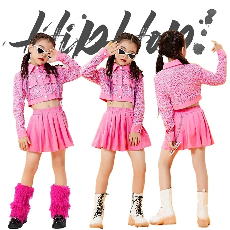 ピンク スパンコール キッズ ダンス ダンス衣装 スカート 女の子 ガールズ へそ出し 長袖 レッグウォーマー ダンスウェア 発表会 応援団 イベント ジュニア カッコイイ 普段着 jazz オシャレ