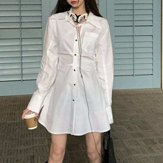 ワンピース シャツドレス ミニスカート ワンピドレス ミニ丈 ショートスカート ショート丈 袖あり 長袖 萌袖 フレア 細身 Aラインスカート スリムウエストハイウエスト シングルブレスト プリーツ