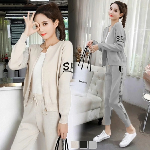 パンツスーツ レディース セットアップ 韓国風 パンツセット 上下セット 大人 女性用 長袖 ２点セット カジュアルパンツセット 前開き ニット ロングパンツ 秋 おしゃれ 無地 グレー ブラック ベ