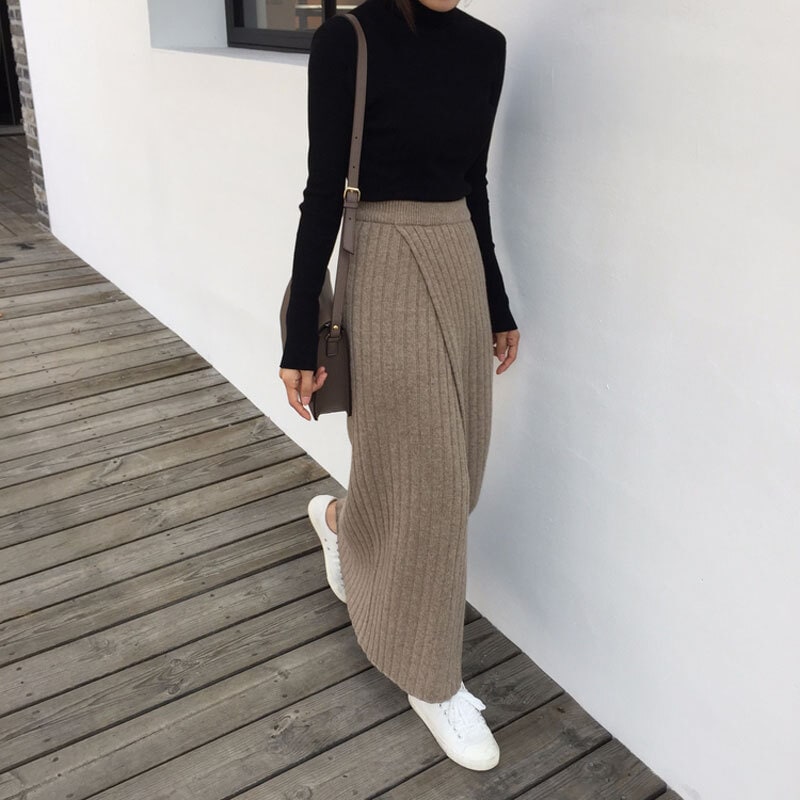 2色 スカート 秋冬 きれいめ レディース ニットスカート スリットスカート ロング丈 マキシ マキシ丈 9分丈 アンクル丈 無地 スリット 伸縮性 黒 ブラック 茶色 ブラウン くすみカラー 大人カ
