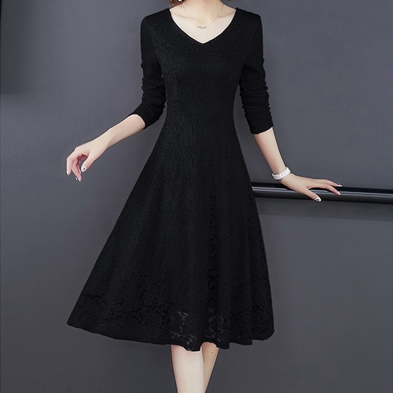 ワンピース ドレス レディース 総レースワンピース ミディアム フレア ドレス Vネック 長袖 花柄
