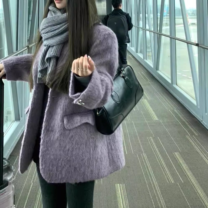 アウターファー毛皮アウターローズマリーラベンダー高級感肩当て付きラシャブレザー女性小柄韓国系痩せ見え