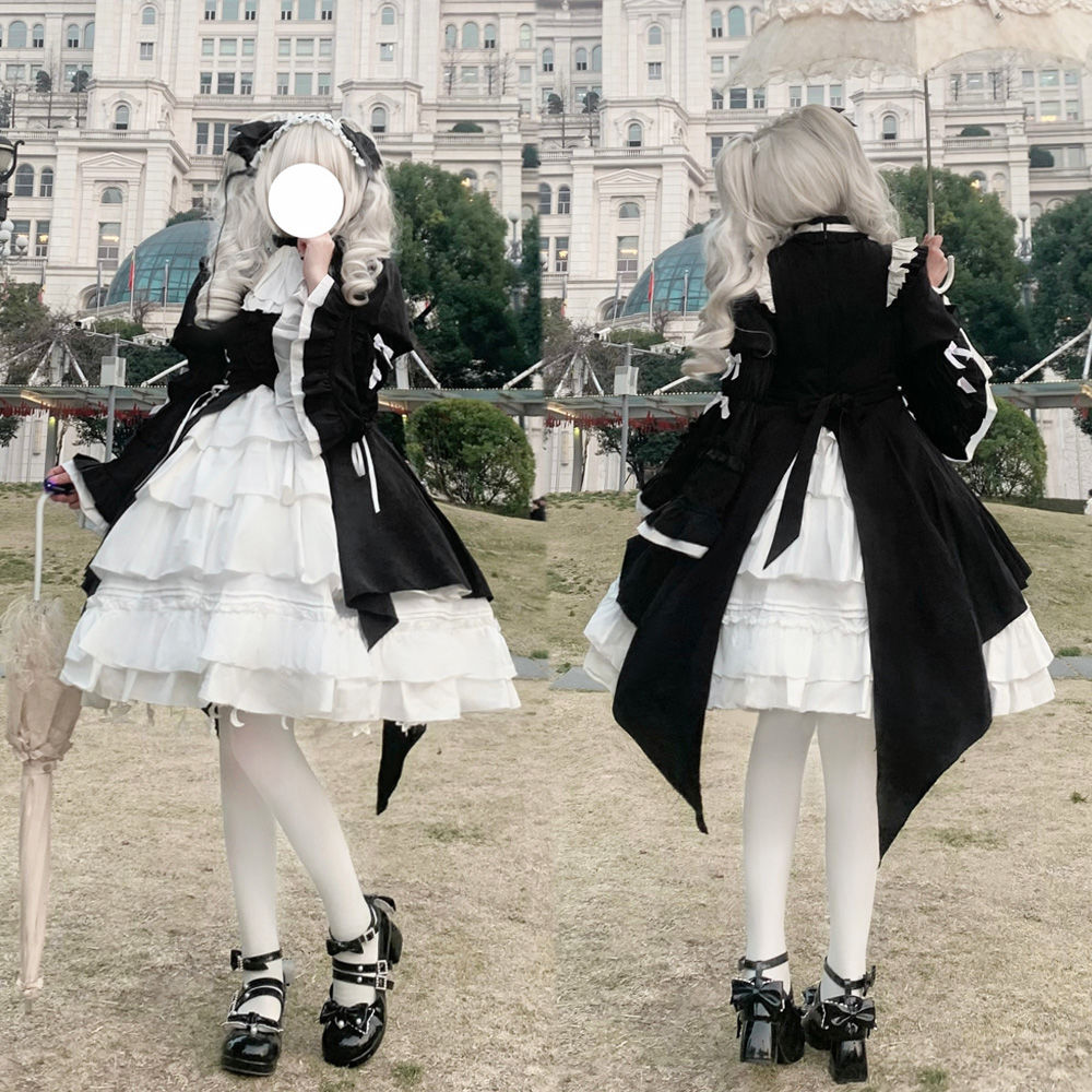 白黒オーロラオプロリータロリータ白黒ワンピースメイド服袖取り外し可