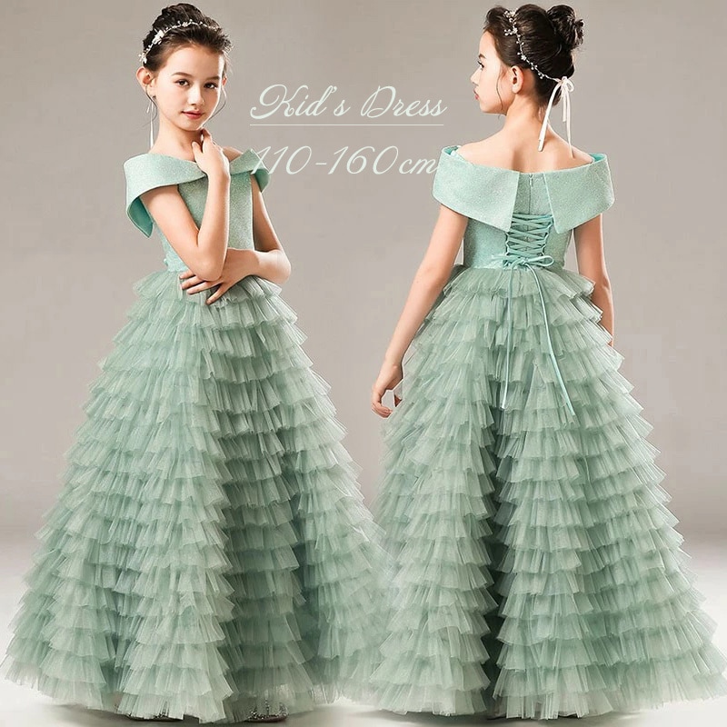 ピアノ発表会 ドレス 中学生 160 ワンピース キッズ 女の子 キッズドレス オフショルダー 半袖 袖有り 子供服 パーティー ロング丈 子供ドレス 演奏会 フラワーガール ベールガール リングガー