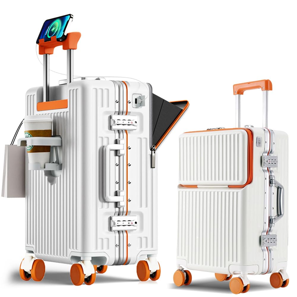 [lanbao] アルミフレームスーツケース 多機能フロントオープン キャリーケース ストッパー付き 機内持ち込み キャリーバッグ 携帯スタンド USBポート付き カップホルダー付き 隠しフック機能