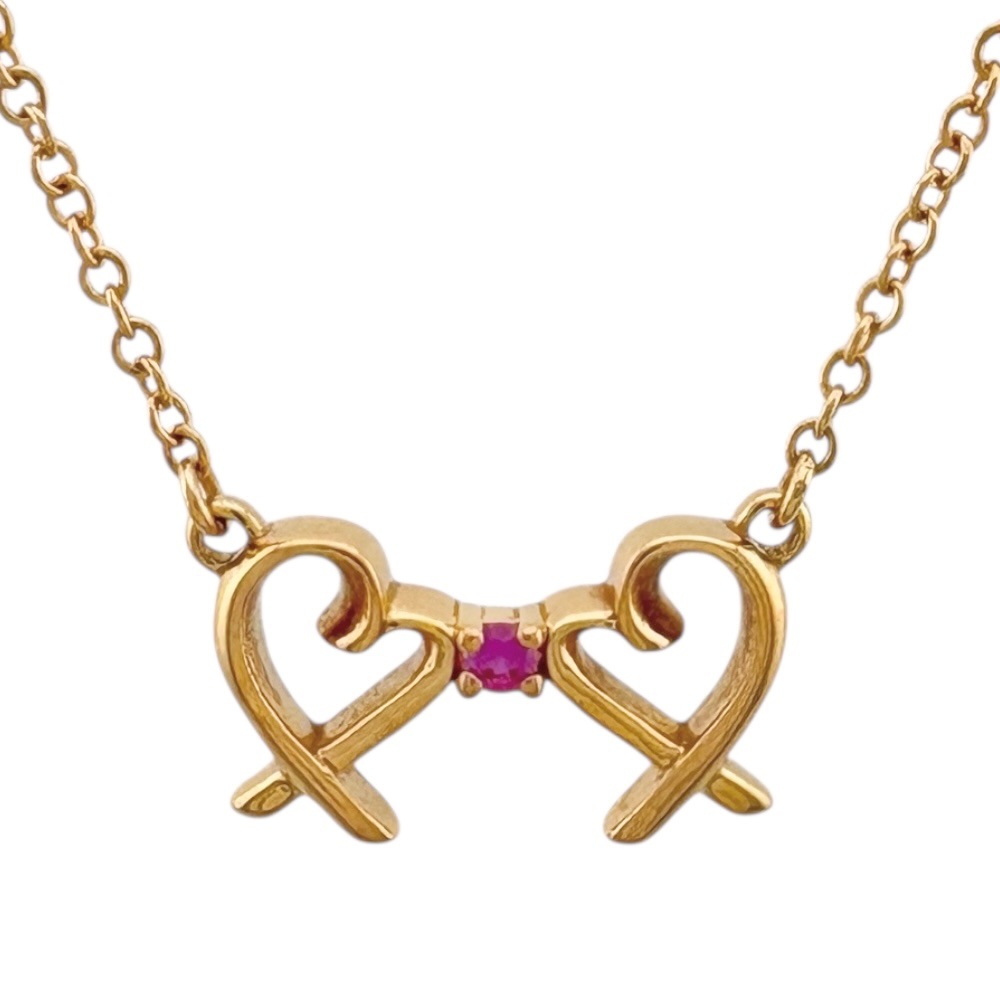 ティファニー ダブルラビングハート ネックレス 18金 K18ピンクゴールド ピンクサファイア TIFFANY&Co. 中古 美品
