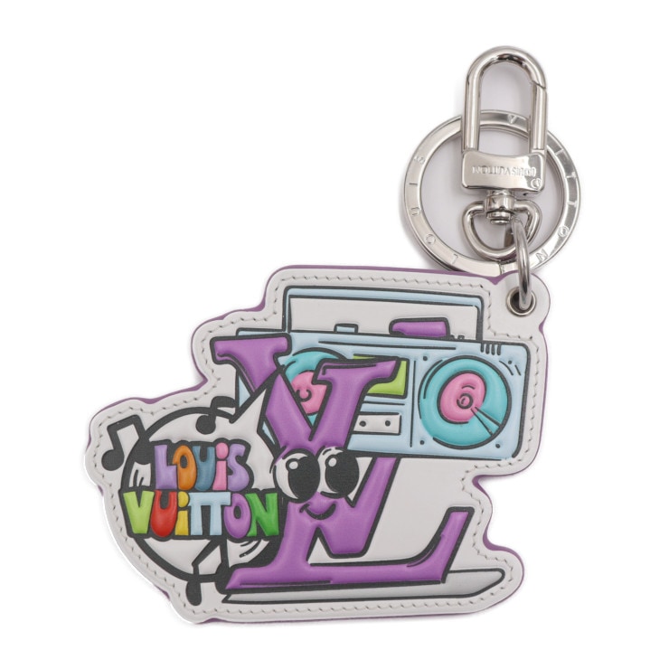 超美品 LOUIS VUITTON ルイ ヴィトン キーホルダー MP3456 モノグラム コミックス レザー ホワイト マルチカラー シルバー金具 キーリング バッグチャーム ビトン 本物保証 中古