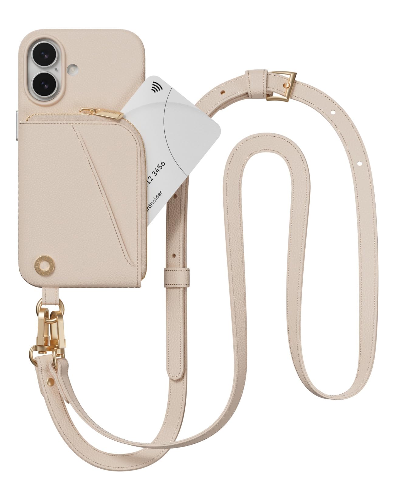 【MagEasy】iPhone17対応ケース ショルダーストラップ付きカード入れ合成皮革スマホケース ポーチ付き財布型 頑丈ショルダーケース ロゼ/ロゼ