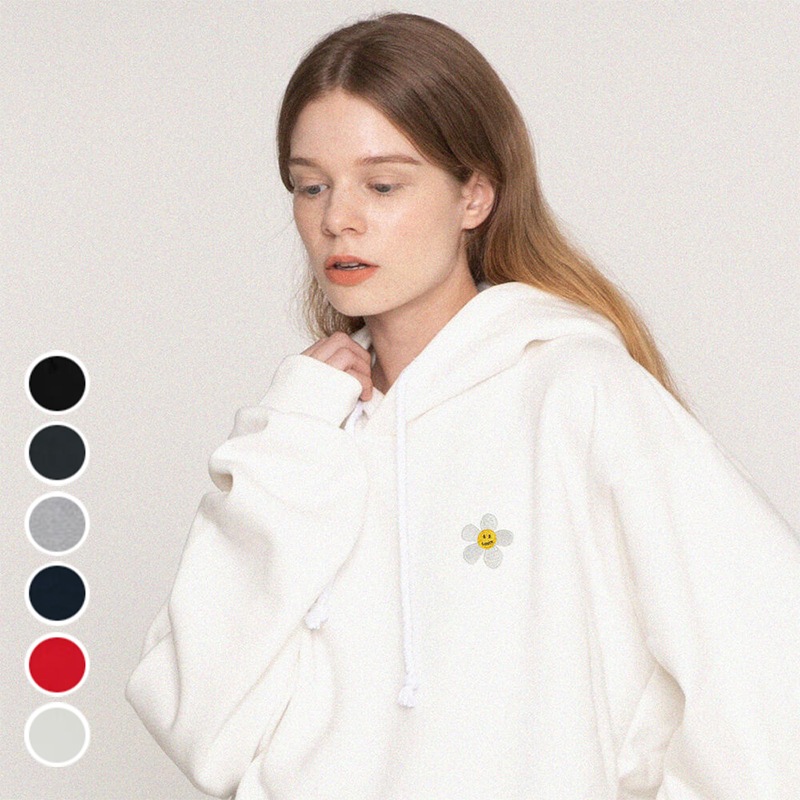 [UNISEX]Flower Dot Embroidery White Clip Hoodie_6color