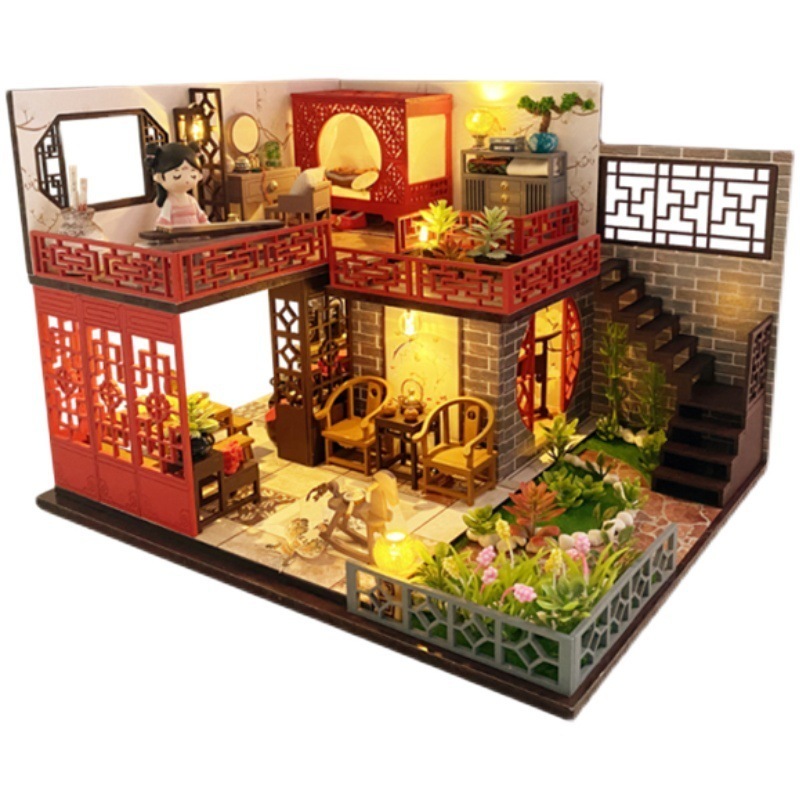 古風なDIY小屋手作りパッチワーク建築模型 木製おもちゃの立体パズル
