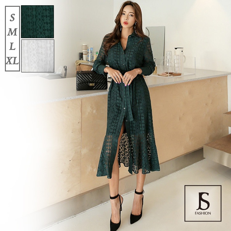 袖あり 長袖 きれいめ ミモレ丈 XL フロントボタン L M S ホワイト 襟付き グリーン Aライン ウエストリボン 総レースワンピース 大人セクシー 大きいサイズ JSファッション190919