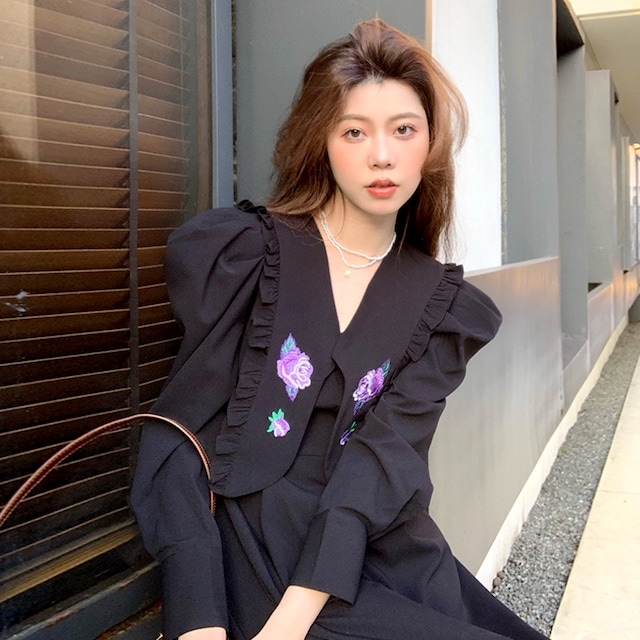 フリルBIGカラー 花柄ワンピース フレンチワンピース ミモレ丈 パフスリーブ ドレス ワンピース ブラック オルチャン 韓国 レディース ママコーデ. 通勤 オフィスコーデ C189