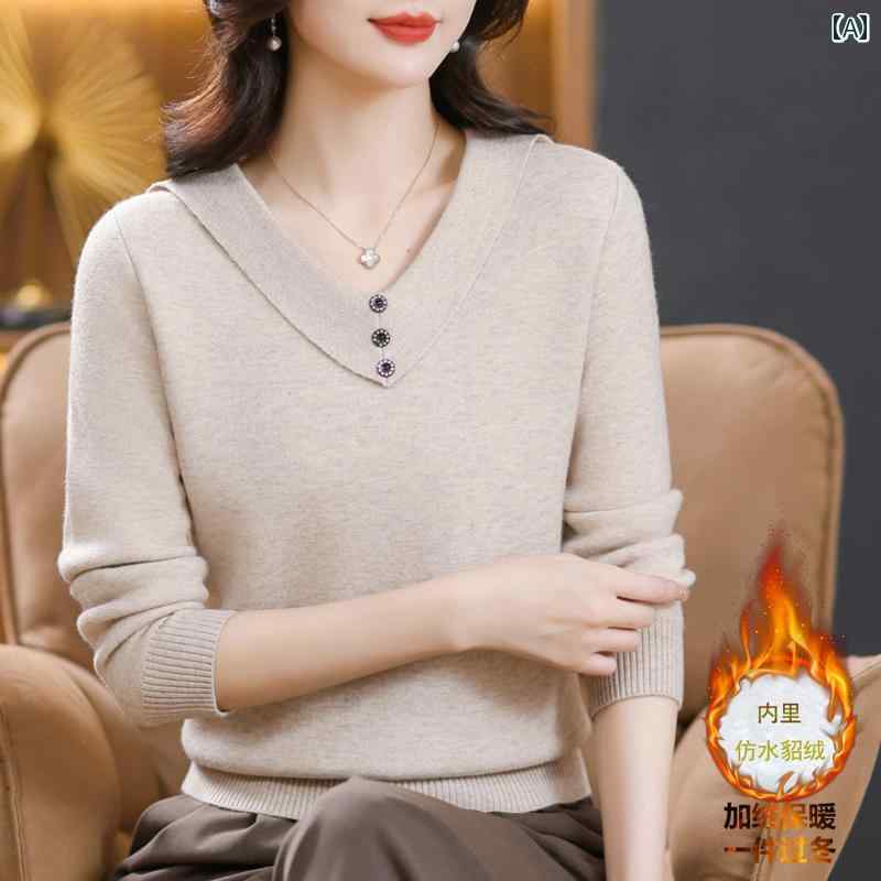 お母さん 冬服 厚手 エレガント レディース カジュアル ローネック 普段使い セーター きれいめ Vネック おしゃれ スタイリッシュ フリース