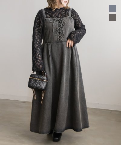 大きいサイズ レディース LL 3L 4L XL XXL XXXL CLETTEオリジナルデニムレースアップジャンスカワンピース