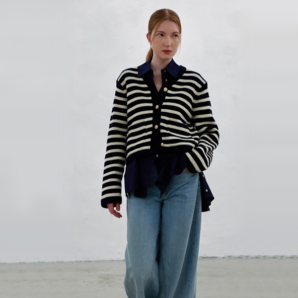 (JK-2852)Stripe Structure V Neck Knit Jacket