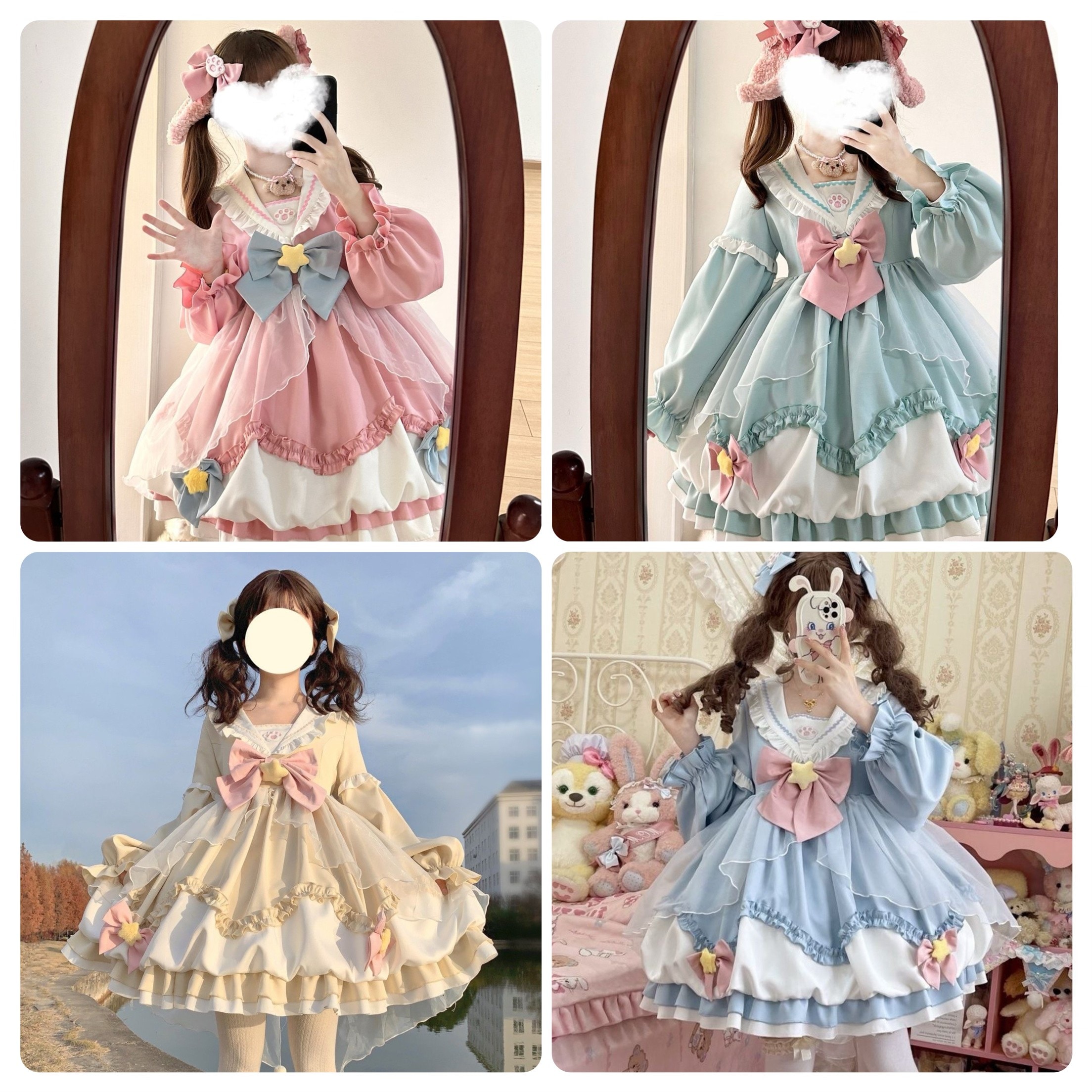 【限定】キャミソールワンピースリトル七興ロリータ甘い長袖つぼみドレスしっぽ付きネイビーカラー女の子コンプリートセット半袖ロング・マキシ丈ワンピ