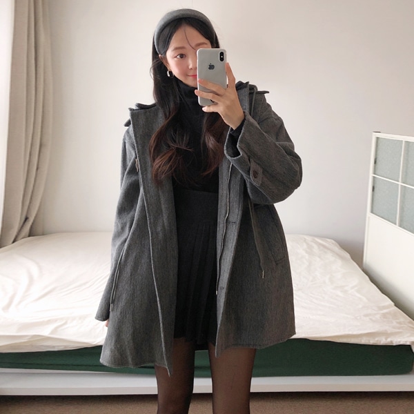 韓国ファッション ルーズフィット フード ウール ブレンド ハーフ コート