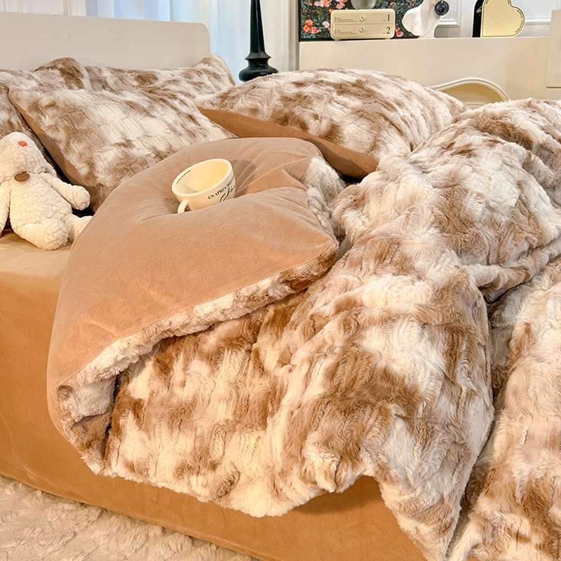 冬肥厚ウサギベルベット 4 点セット両面ミルクベルベット寝具キルトカバー模造毛皮