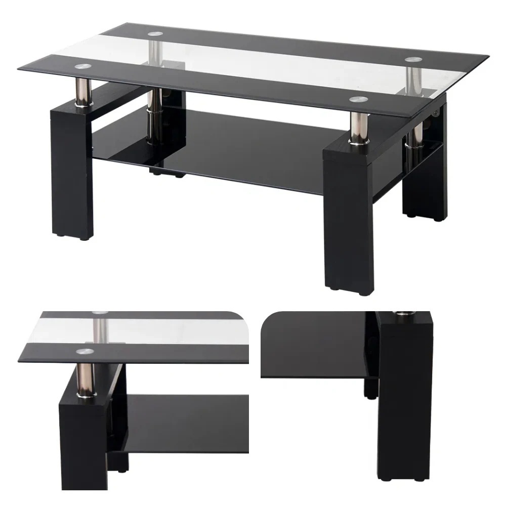 54ガラステーブル コーヒーテーブル 幅88cm 強化ガラス天板 収納付き 二段収納 おしゃれ リビング用テーブル 棚付き 一人暮らしに最適 大容量収納 センターテーブル 木製脚