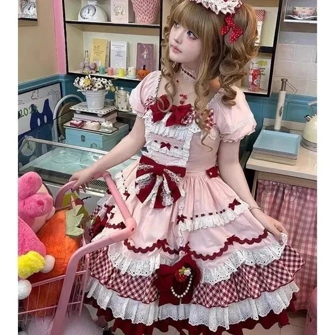 【3日出荷】ピンクイチゴ可愛い甘い ヴィンテージ感スカート 田園風プリンセススカート 少女感ケーキスカート