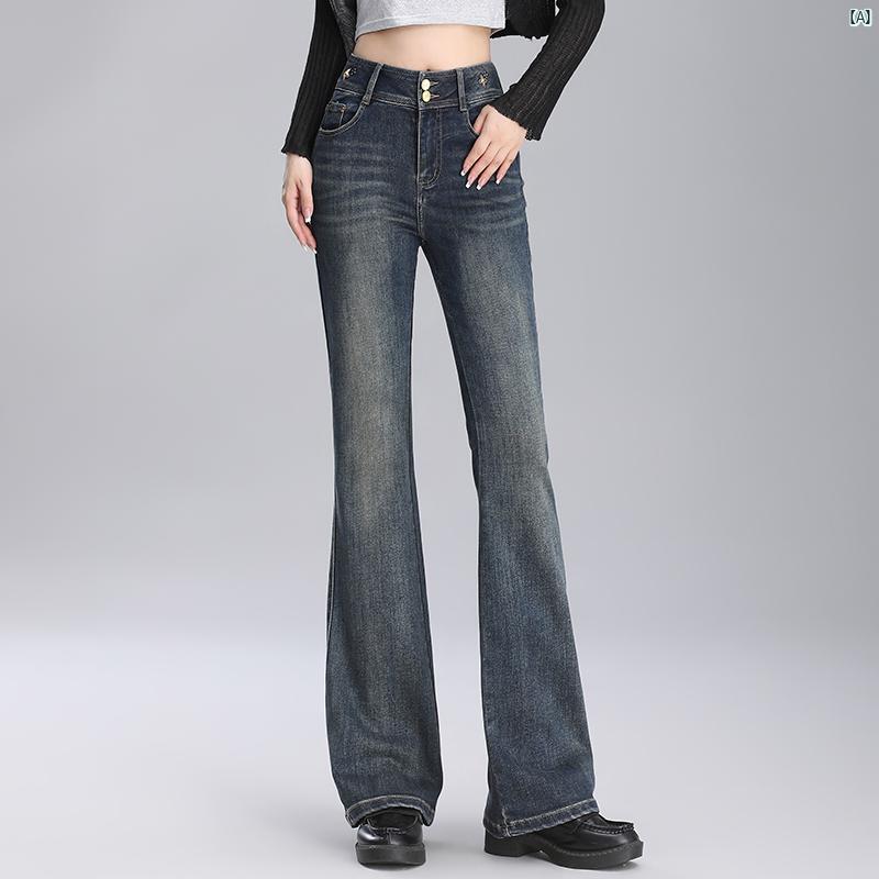 レトロ ブルー ブーツ カット ジーンズ レディース 秋 ハイウエスト スリム ストレッチ ホース シュー パンツ ブラック フレアパンツ