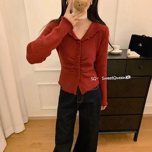 【1点ご購入 で10点プレゼントいたします】秋冬木耳のしわを伸ばしてスリムに見せるニットカーディガン女のクリスマスの日甘い小柄セーター