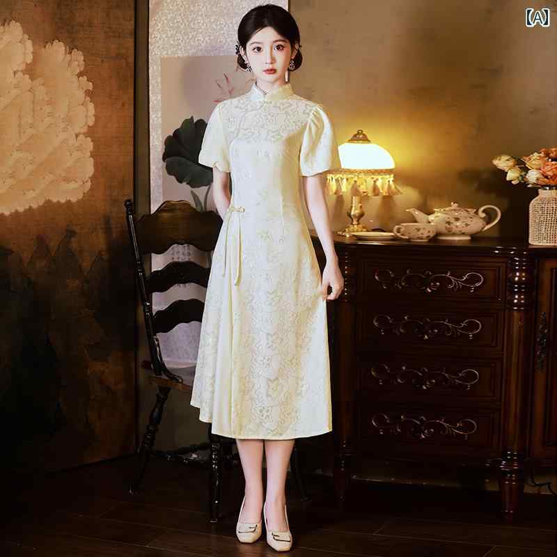 アオザイ チャイナドレス 夏 レディース ワンピース レース レトロ オブリーク 低スリット ウエスト ホワイト