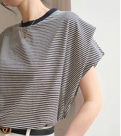 立体仕立て スリム ゆったり ストライプ 半袖 コットン Tシャツ レディース 夏