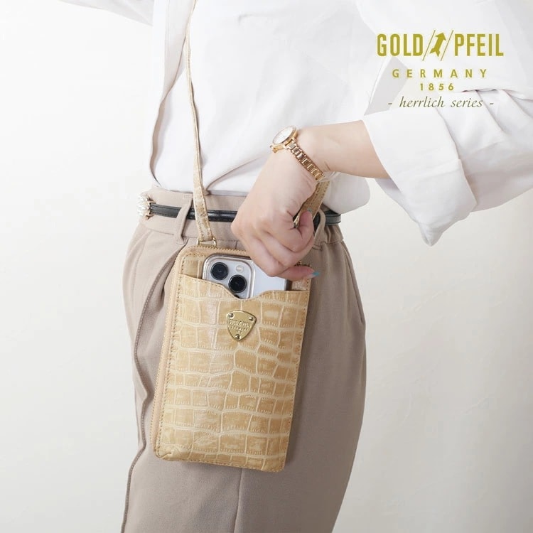 スマホポーチ スマホショルダー レディース GOLD PFEIL ブランド レザー クロコ 型押し 牛革 本革 おしゃれ お財布ショルダー ショルダーバッグ お財布ポシェット 肩掛け スマホ ケース