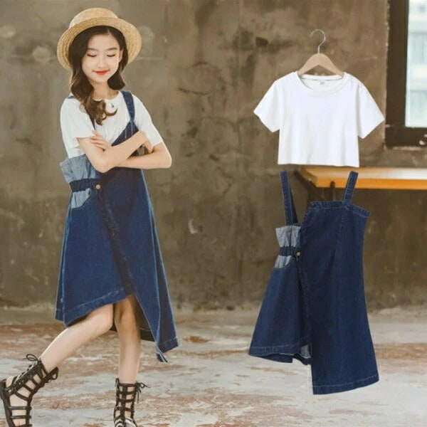 新品大人気女の子 セットアップ レジャー おしゃれ 夏服 Tシャツ デニムストラップスカート 2点セット 丸首半袖 ロング丈 キッズ ガールズ 夏着 お出かけ 通学 海外旅行 ホワイト ピンク