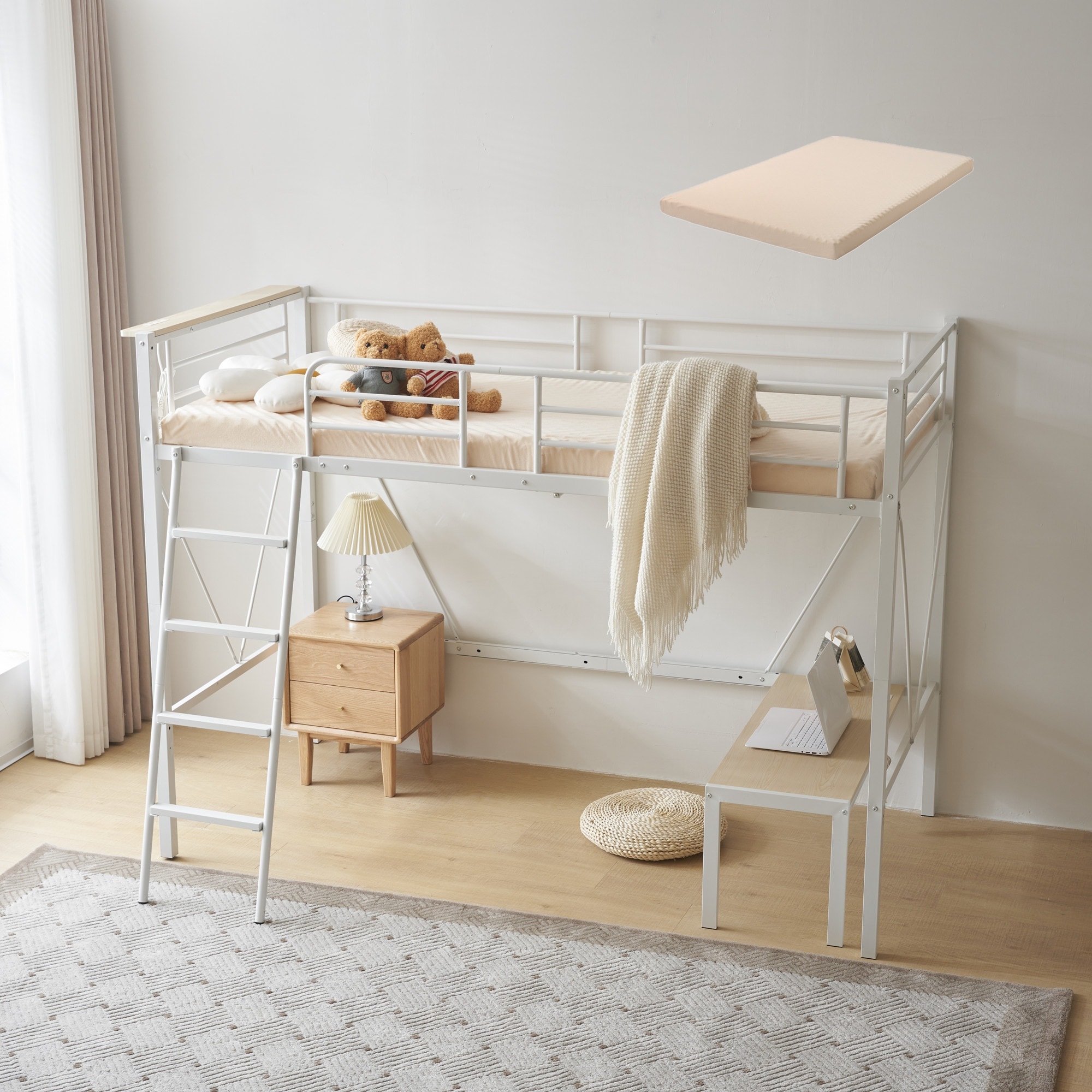 【国内出荷】【厚さ10cmベージュマットレス付き】ロフトベッド シングル コンセント付き ミドルタイプ 高さ150cm ローデスク付き パイプベッド アイアンベッド 子供部屋 スチール 耐震 ベッド