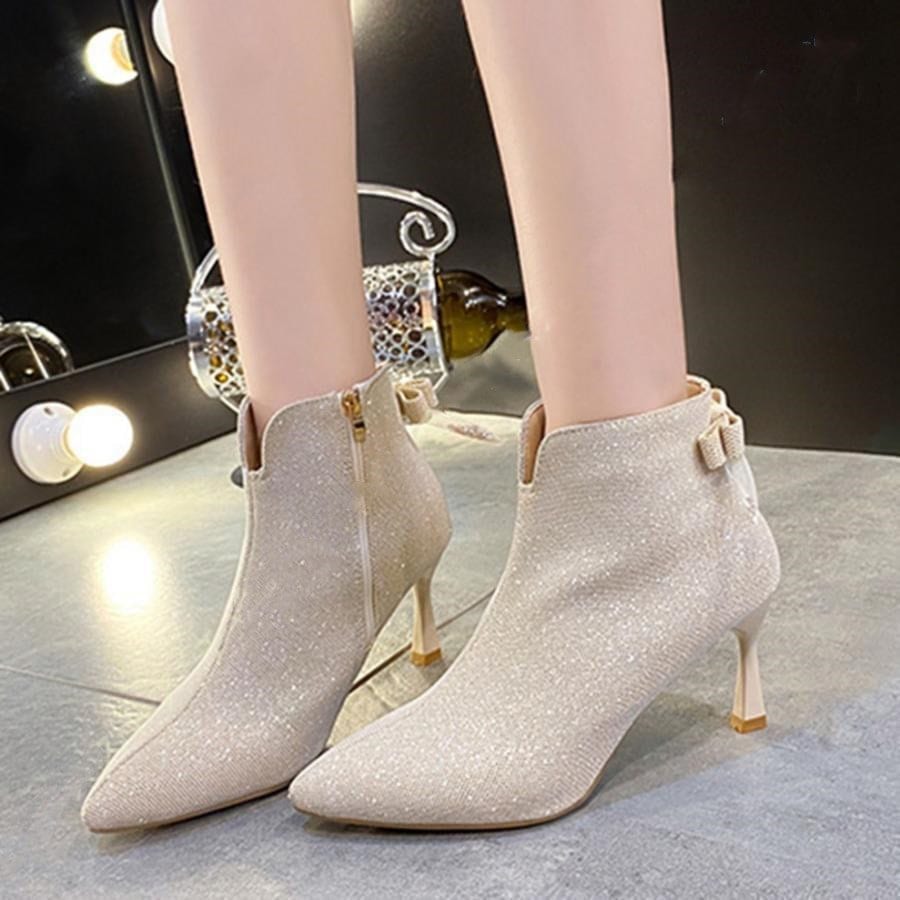 作トレンド7cmヒールレディースブーツアンクルブーツショートブーティー大人かわいいキラキラクッション身長アップピンヒールサイドジッパー通勤 5,047円