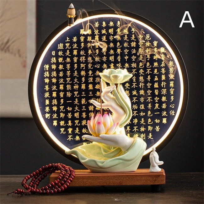 5タイプ展開　心経　中国風　佛手　青瓷　白瓷　蓮の花　LEDライト　台座　倒流香 香炉 お香ホルダー 流川香 香炉用品 セラミック 開運 風水 ドラゴンボール お香立て インテリア 置物 香り