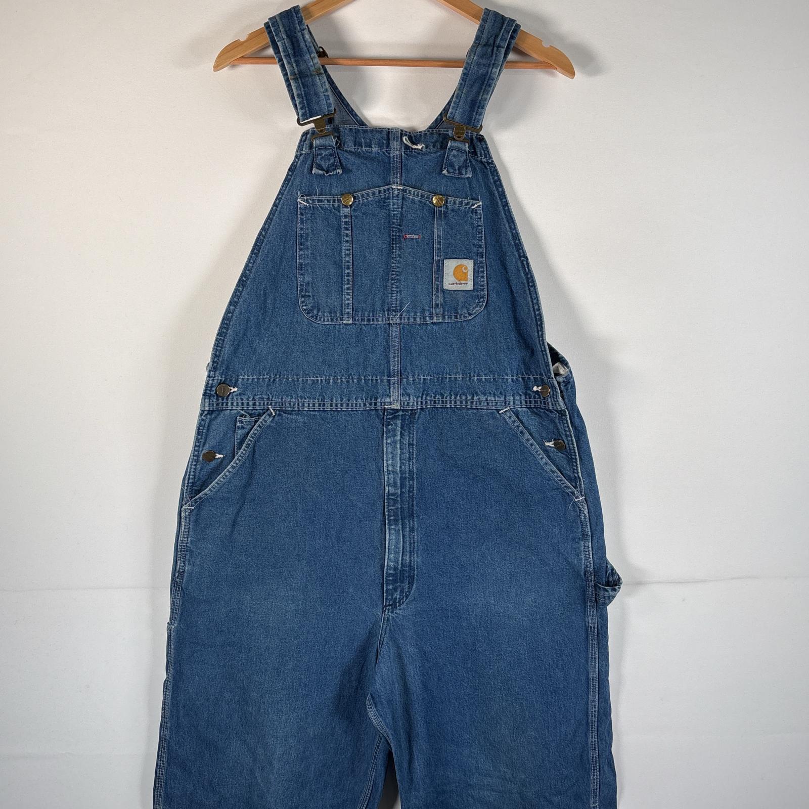 古着 オーバーオール デニム ワーク ワンポイントロゴ 大きいサイズ ハンマーループ w38 L34 ブルー系 メンズ