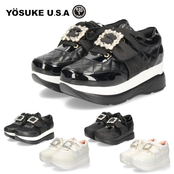ヨースケ YOSUKE U.S.A レディース 厚底スニーカー 4450003 ホワイト ブラック 靴 6cm レースアップ バックル フラット 軽量 5,711円