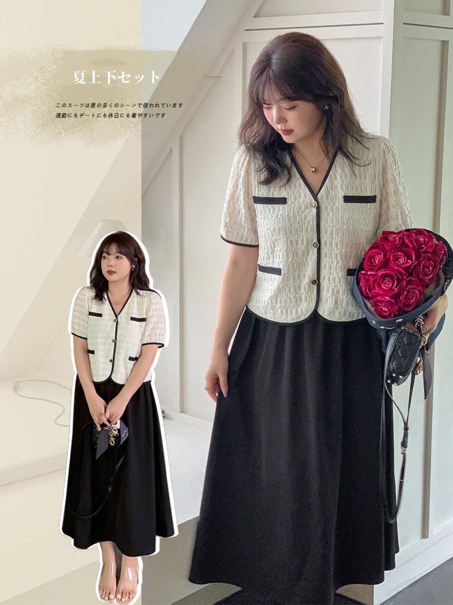 【ぽちゃまに】 夏 上下セット レースブラウス＋スカート 大きいサイズ Aライン レトロ 体型カバー レディース セットアップ メガ割30%までに制限 6,641円