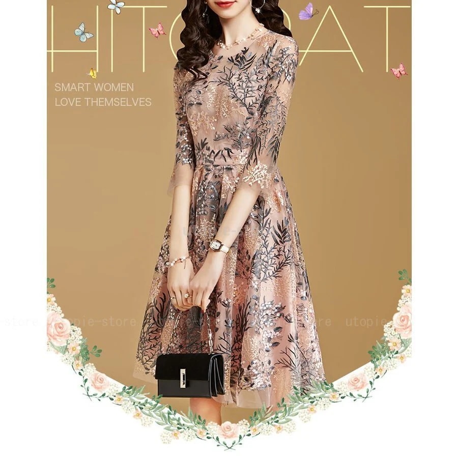 ワンピースドレス レディース 秋服 きれいめ 膝丈ワンピース 七分袖 花柄 レース刺繍ワンピース A