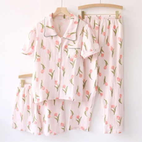 3点セット レディース ルームウェア パジャマ 部屋着 ナイトウェア リラックスウェア 半袖 襟付き 開襟 フェミニン 前開き 2way ウエストゴム ボタン 薄手 コットン ガーゼ かわいい
