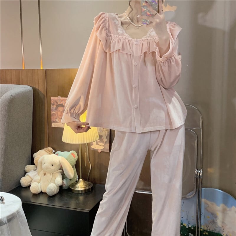 2color パジャマ 寝巻 ルームウェア ナイトウェア ベルベット フリル 前開き 5,384円