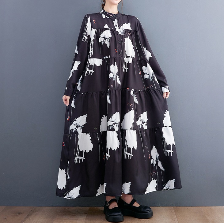 モード柄ワンピース ワイドサイズワンピ カジュアルAラインワンピース ロングワンピース トップス スカート ワンピース シャツ プルオーバー オールインワン ロングスカート フレアスカート